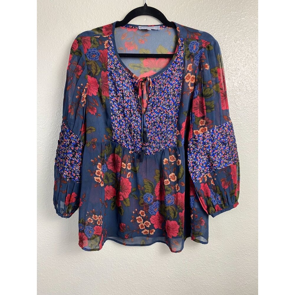 Daniel Rainn sheer Floral Balloon Sleeve Boho Long Sleeve Top Women size Medium